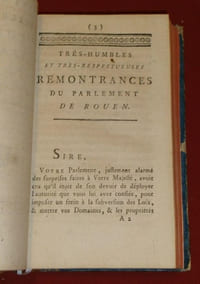 Un recueil contenant une trentaine de publications : Arrêts, Remontrances, Cour des Comptes, Normandie, Bourgogne, Bresse, Lyonnais, Montpellier, Montauban, Provence ...Extrait des Registres du Parlement de Franche-Comté, Lettre du Parlement de Besançon, au Roi, adressée au M. le Garde des Sceaux, le 30 Juillet 1787 (16 pages)/ Arrêtés du Parlement de Franche-Comté, des 4 & 9 Janvier 1788 (4 pages) / Protestation du Marquis de Digoine, Alcade de la Noblesse des Etats de Bourgogne, (4 pages) / Protestations du Bailliage & Présidial de Mâcon (3 pages) / Protestations du Parlement de Bourgogne (18 pages)/ Lettre de la Noblesse de Bourgogne, à MM. les Membres de la Commission intermédiaire des Etats de ladite Province, du 5 Juin 1788 (4 pages) / Récit substantiel de ce qui s'est passé au Baillage d'Ornans, Comté de Bourgogne, le 6 Juin 1788 (4 pages)/ Extrait des Minutes du greffd du Bailliage de Besançon (28 pages) / Extrait des Registres du Parlement de Franche-Comté, 22 avril 1789 (23 pages) / /Itératives Remontrances du Parlement de Normandie au Roi, Au sujet de l'Edit d'Octobre dernier, concernant les Vingtiemes, 1788 (17 pages) /Remontrances du Parlement de Rouen, Arrêtés le 8 Août 1787 ( 31 pages) / Arrêté du Parlement de Normandie, du 23 Août 1787 (7 pages) / Arrêté du Parlement de Rouen, du 22 Août 1787 (4 pages) / Lettre d'un Conseiller du Parlement de Paris, à un Conseiller du Parlement de Normandie (62 pages) / Arrêté du Parlement de Normandie, sur l'Edit des Vingtiemes, du 20 décembre 1787 (10 pages) / Lettre du Parlement de Normandie au Roi, du 17 janvier 1788 (12 pages) / Remontrances du Parlement de Normandie au Roi, le 5 février 1788 (30 pages) / Arrêt du Parlement de Rouen, du Vendredi 11 avril 1788 (4 pages) / Extrait des Registres du Parlement de Normandie, du Lundi 5 mai 1788 (paginé de 9 à 17) /Arrêté du Bailliage & Siège Présidial de Caen, du 9 juin 1788 (4 pages) / Discours prononcé par le Sieur Vasse, Procureur du Roi au Bailliage de Rouen, à la rentrée de son siège, 1788 (paginé de 4 à 14) / / Très-Humbles et très-respectueuses Remontrances de la Cour des Comptes, Aides Et Finances de Montpellier sur l'Edit du mois d'Octobre dernier, portant prorogation du second Vingtieme pendant les années 1791-1792 (38 pages) / Arrêté de la Cour des Comptes, Aides et Finances de Montpellier, du mardi 11 septembre 1787 (8 pages) / Très-humbles et très-respectueuses Remontrances, que présentent au Roi les Gens tenant sa Cour des Aides de Montauban, sur l'Edit d'Octobre 1787, portant prorogation du second Vingtieme (19 pages) / Présentations des Officiers de la Sénéchaussée et Siège Présidial de Lyon, à Lgr le Garde des Sceaux de France (24 pages) / Discours prononcé par M. Antoine de Malvin de Montazet, Archevêque & Comte de Lyon, Primat de France, Président de la Généralité de Lyon, à l'ouverture des séances, le 5 novembre 1787 (8 pages)/ Mémoire de la Ville de Lyon au Roi, (27 pages)/ Arrêté de la Sénéchaussée de Lyon, du Vendredi 23 Mai 1788 (8 pages) / Récit de ce qui s'est passé au Grand-Bailliage de Lyon, lors de sa rentrée en Sénéchaussée & Siège Présidial, le 3 octobre 1788 ( 11 pages) / Lettres de Avocats au Parlement de Provence à Monseigneur le Garde des Sceaux, sur les nouveaux Edits transcrits par les Commissaires de sa Majesté, dans les Registres des Cours Souveraines du pays, le 8 mai 1788 (31 pages) / Protestation des Officiers du Parlement d'Aix (24 pages) / Délibérations et Remontrances du Corps de la Noblesse de Provence (22 pages).