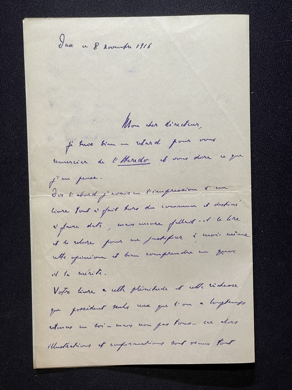 Lettre autographe signée à Léon Daudet à propos de son essai L'Hérédo. René de Marans
écrivain, journaliste, collaborateur de l'Action Française, ...