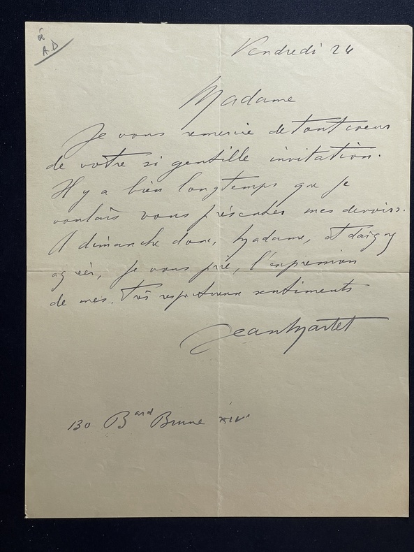 Lettre autographe signée à Marthe DAUDET (épouse de Léon Daudet). Jean MARTET (1886-1940)
poète, dramaturge, romancier français 
