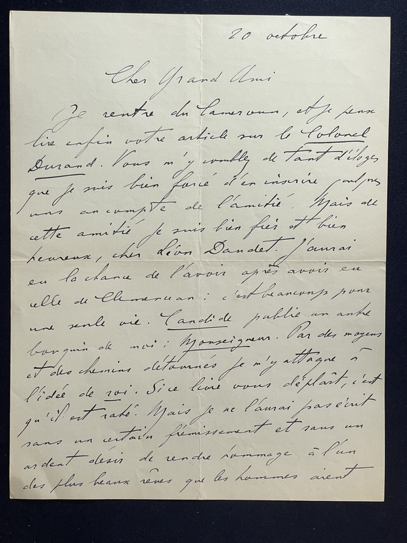 Lettre autographe signée à Léon Daudet sur le Colonel Durand, Clémenceau et Monseigneur. Jean MARTET (1886-1940)
poète, dramaturge, romancier ...