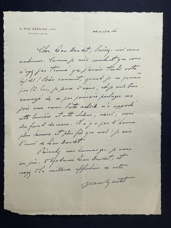 Lettre autographe signée à Léon Daudet #5. Jean MARTET (1886-1940)
poète, dramaturge, romancier français 