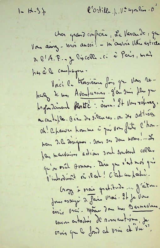 Lettre autographe signée à Léon DAUDET sur son dernier roman Les Aventuriers. Pierre MILLE (1864-1941)
écrivain et journaliste français 