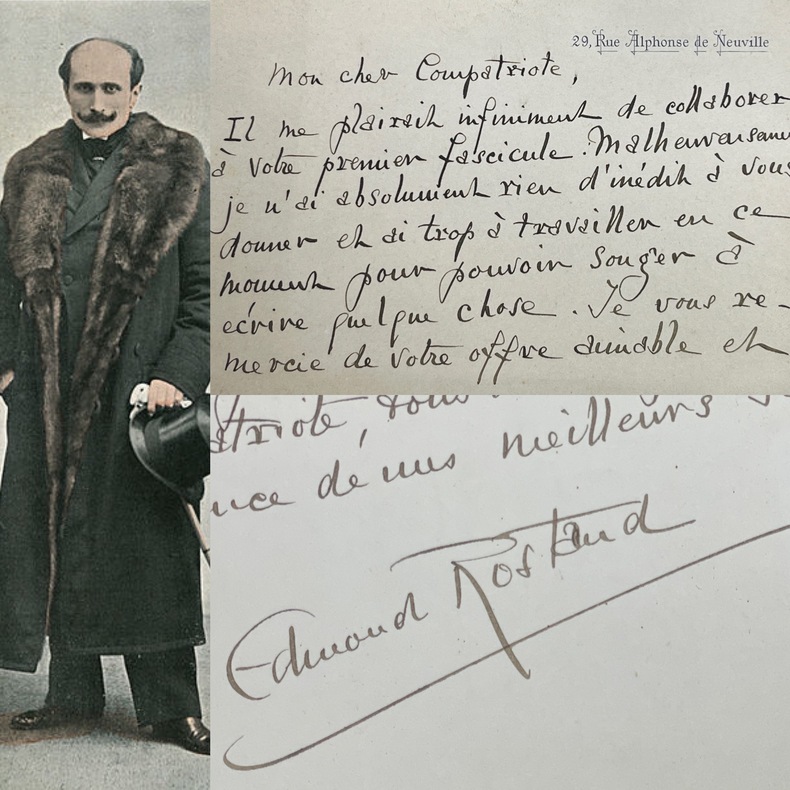 Carte autographe signée — plongé dans L'Aiglon il décline une collaboration littéraire. Edmond Rostand (1868-1918)