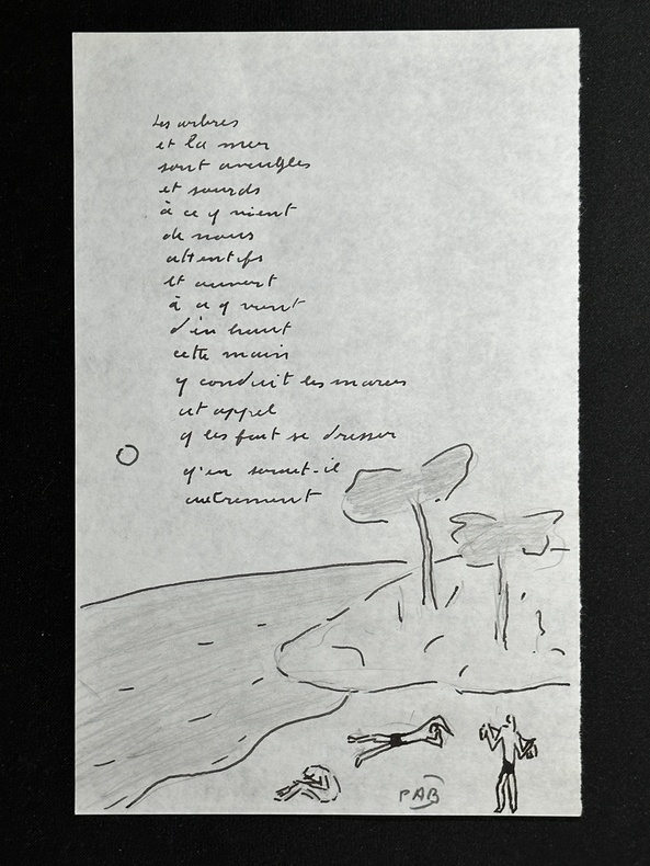 poème autographe signé inédit enluminé d'un dessin à l'encre et crayon #1. Pierre André Benoit (PAB)