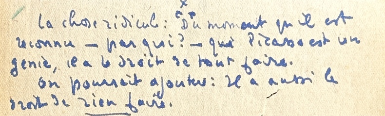pièce autographe non signée assez piquante sur Picasso . André de Richaud (1907-1968)