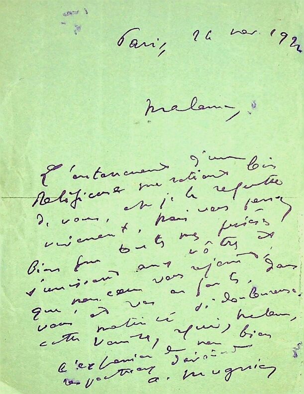 Billet autographe signé à Madame Alphonse Daudet (Julia Daudet) sur le premier anniversaire de la mort du jeune Philippe Daudet . Abbé Mugnier ...