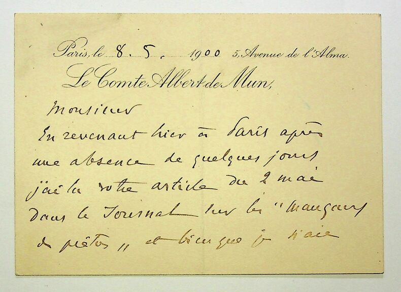 Carte autographe signée à Léon DAUDET contre la loi de séparation des Églises et de l'État . 
Albert de Mun (1842-1912)
militaire, homme politique ...