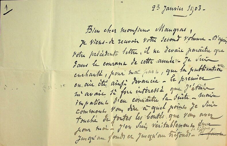 brouillon de lettre autographe signée à Gaston Maugras à propos de ses ouvrages sur le duc et la duchesse de Choiseul. Émile Aucante ...