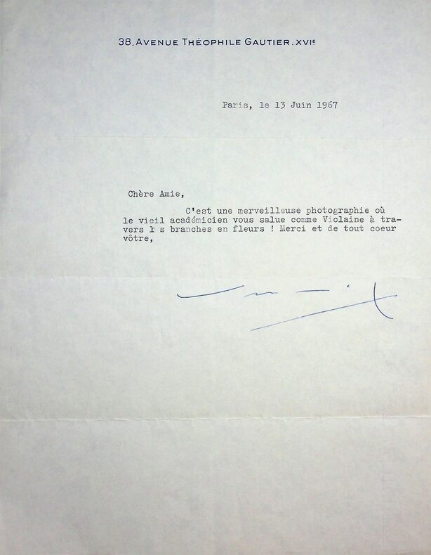 lettre tapuscrite signée à Madame Lucienne Cain. François Mauriac (1885-1970)