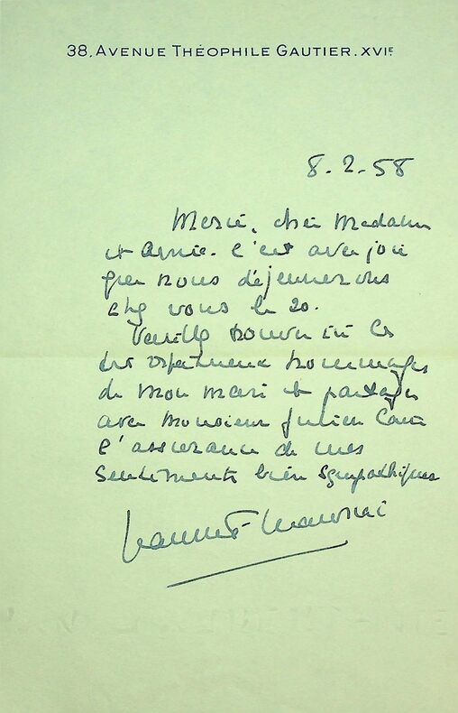 lettre autographe signée à Madame Lucienne Cain #1. Jeanne Mauriac (1885-1970)