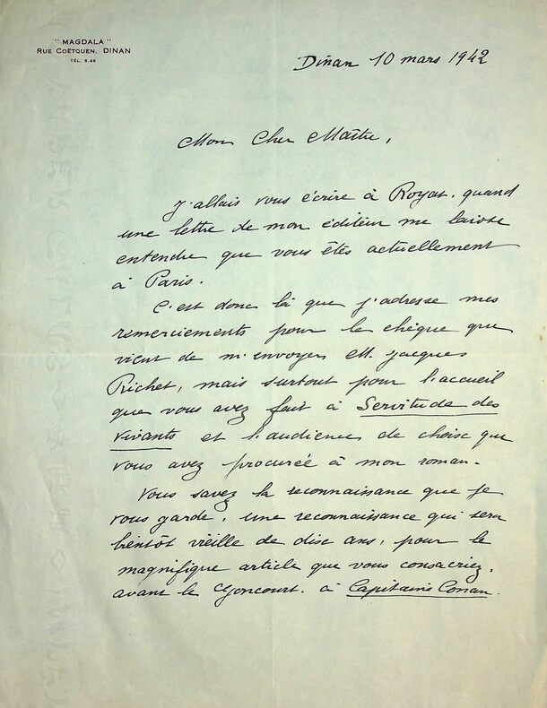 lettre autographe signée à André Chaumeix sur Servitude des Vivants. Roger Vercel (1894-1957)