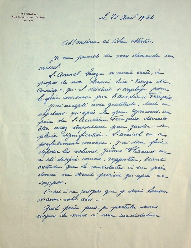 lettre autographe signée à André Chaumeix sur sa candidature à l'Académie Française et son livre Visages de Corsaires . Roger Vercel (1894-1957)