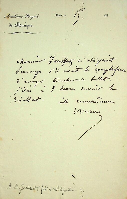 Lettre autographe signée à M. Janisset. Louis-Désiré Véron
(1798-1867)
journaliste, homme politique
Directeur de l'Opéra de Paris