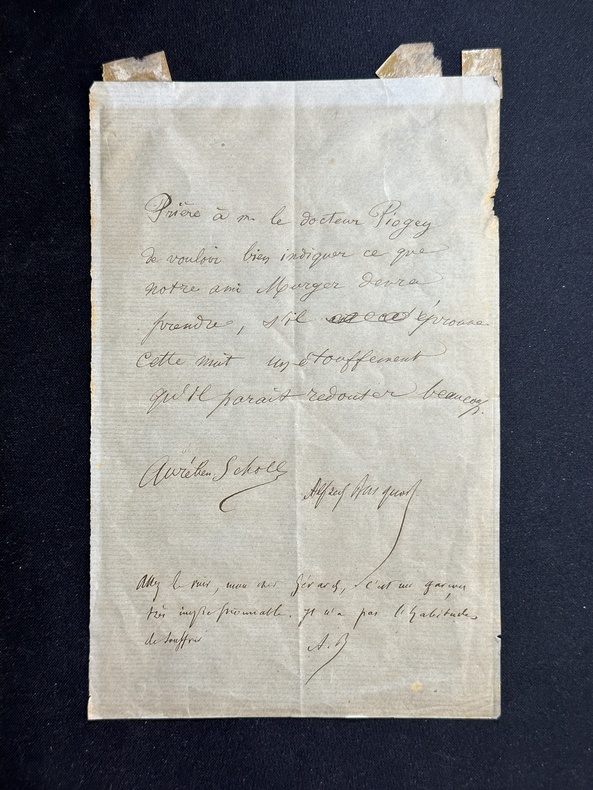 Lettre autographe signée à deux mains au Docteur Gérard Piogey (1820-1894) à propos de l'agonie de l'écrivain Henry Murger (1822-1861). Aurélien ...