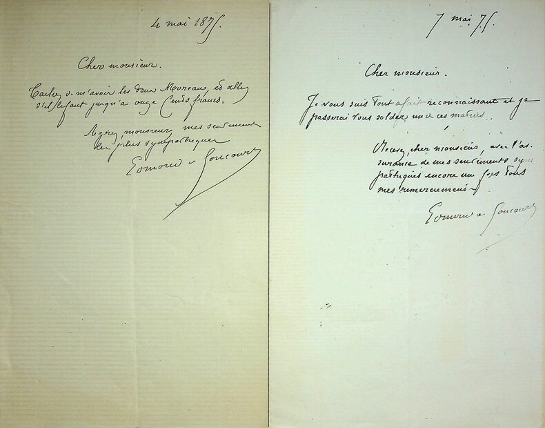 Deux lettres autographes signées au même correspondant relatives à l'achat de deux tableaux du peintre du XVIIIe siècle Jean-Michel Moreau ...