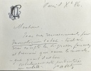 Carte autographe signée à Charles Durand du Gil Blas au sujet de son article "Monologuin Cadet" du 28 novembre 1886. Coquelin Cadet ...