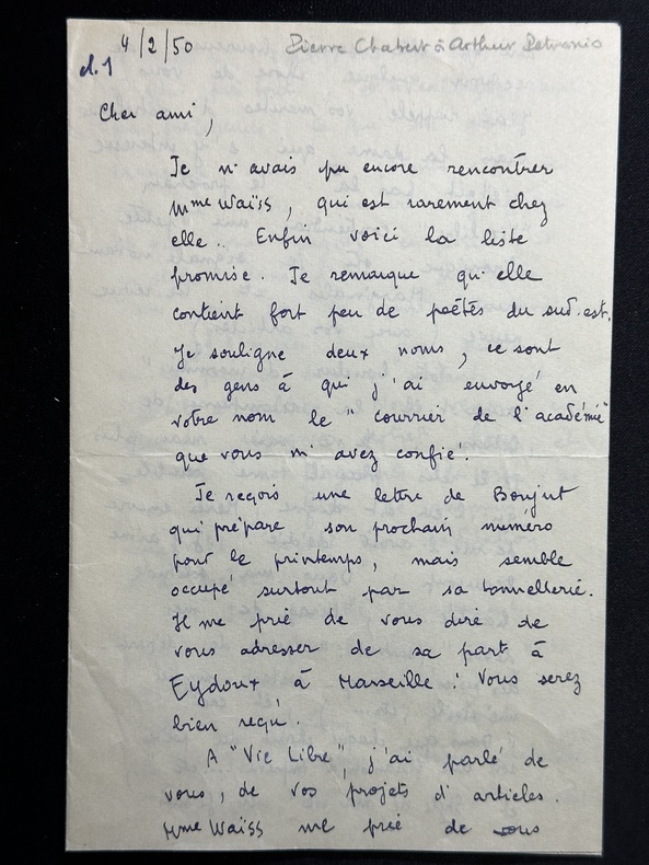 Longue et belle lettre autographe signée à Arthur Petronio (1897-1983), poète, musicien, sur la vie littéraire et journalistique. 1950 #2 . Pierre ...