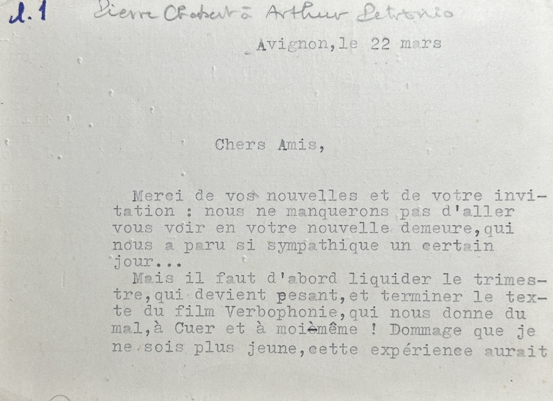 Carte dactylographiée signée à Arthur Petronio (1897-1983) poète, musicien, à propos du texte du film Verbophonie avec Gabriel Cuer. #5 . Pierre ...