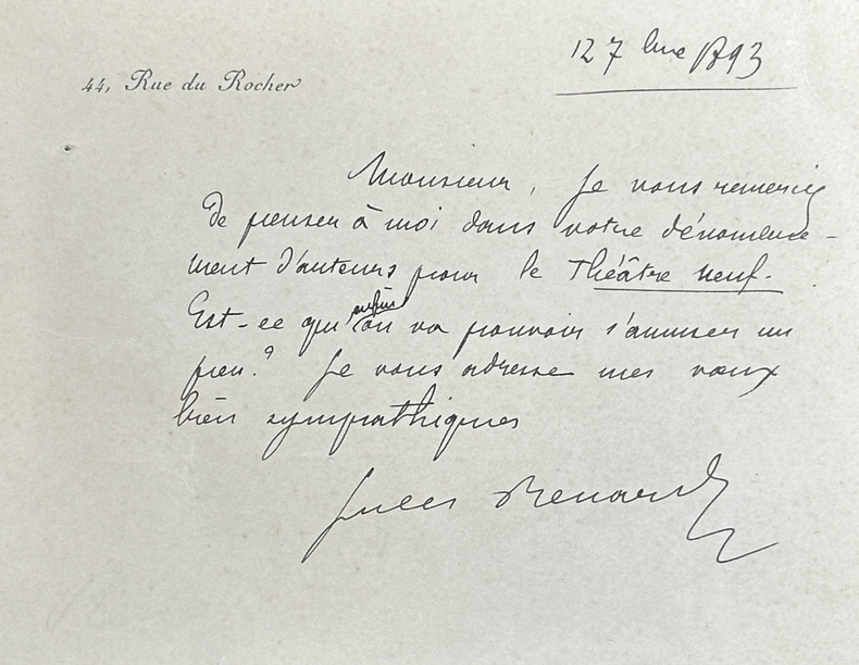 Carte autographe signée à un correspondant non identifié à propos du projet de reconstruction de l'Opéra-Comique en 1893. Jules RENARD ...