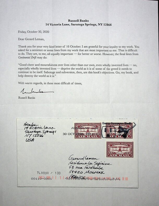 Signed typed letter about his novel Continental Drift . Russell BANKS (1940-2023)
American writer of fiction and poetry
 