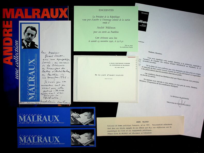 Ensemble de documents relatifs à l'entrée d'André Malraux au Panthéon le 23 novembre 1996. . André Malraux / Madeleine Malraux