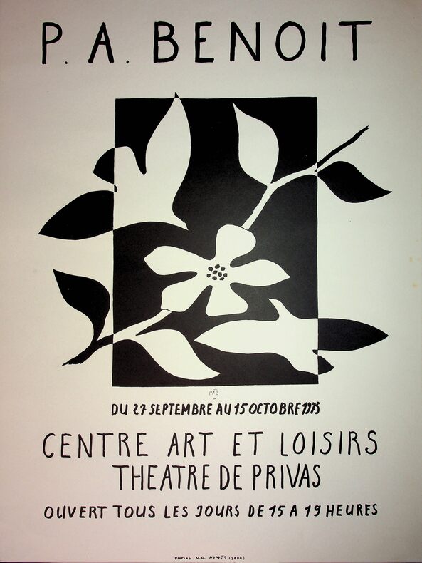 Magnifique affiche originale pour son exposition au Centre Art et Loisirs Théâtre de Privas, Ardèche, du 27 septembre au 15 octobre 1975, signée PAB ...