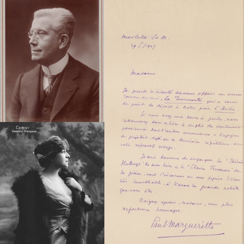 Lettre autographe signée à la comédienne Berthe CERNY 1907 à propos des répétitions de L'Autre à la Comédie Française. Paul Margueritte