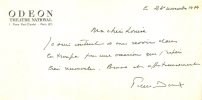 Carte autographe signée à la comédienne et sociétaire de la Comédie Française Louise Conte à propos de son rôle dans La Maison de Bernada de Federico ...