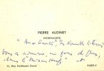 Carte de visite autographe adressée à la comédienne Louise Conte pour ses rôles dans Le Misanthrope (1963) et Andromaque (1964). Pierre Audinet ...