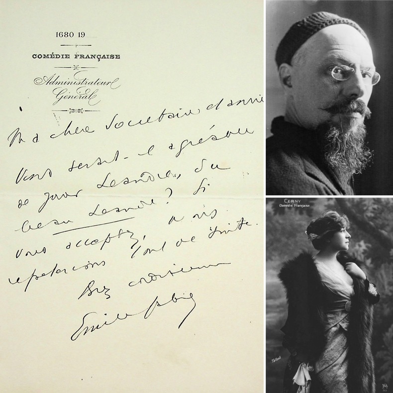 Lettre autographe signée à la comédienne Berthe Cerny à propos de la pièce Le Beau Léandre de Théodore de Banville. ÉMILE FABRE [Administrateur ...