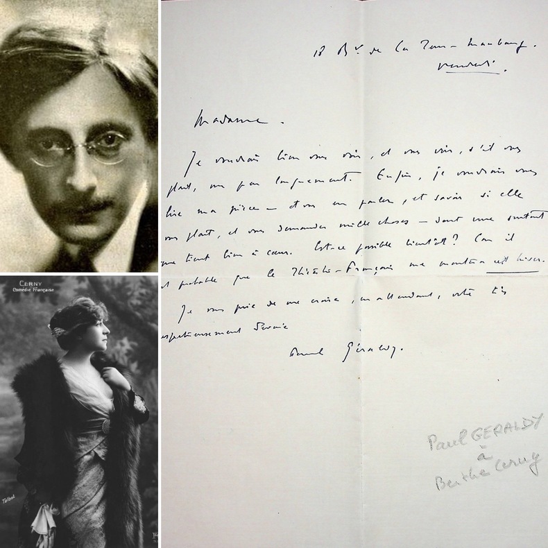 Lettre autographe signée à la comédienne Berthe Cerny à propos de sa pièce Les Noces d'Argent (1916) #1. PAUL GÉRALDY
