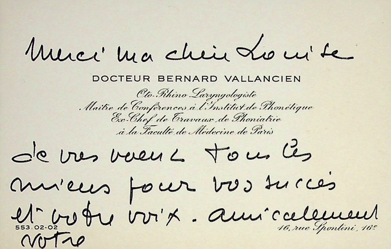 Carte de visite autographe signée à la comédienne Louise Conte. Docteur Bernard Vallancien