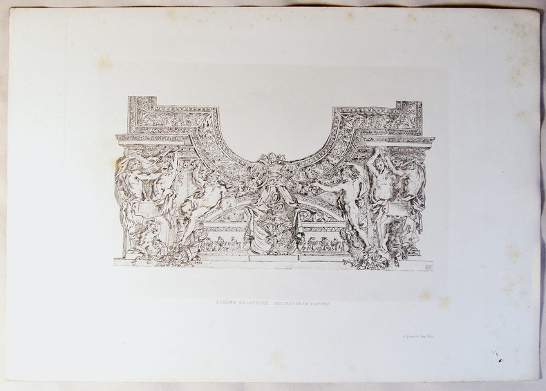 Gravure d'après un dessin original de décoration de plafond de style Louis XIV représentant la bordure de son Apollon vainqueur du serpent Python ...