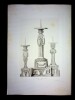 Gravure d'après le dessin original exécuté à la plume et lavé de bistre d'un chandelier pascal de style Louis XVI. Jean-Charles De Lafosse (d'après) 