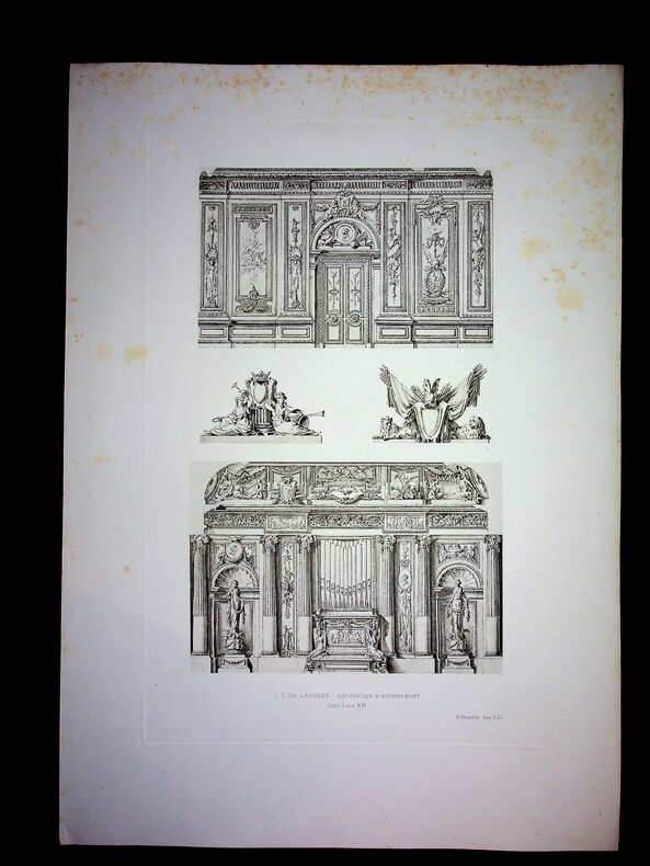 Gravure d'après les dessins originaux de décorations d'appartement de style Louis XVI. Jean-Charles De Lafosse (d'après) 