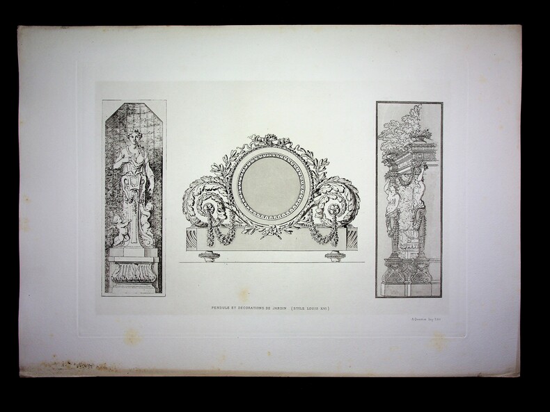 Gravure d'après les dessins originaux d'un pendule et décoration de jardin de style Louis XVI. Jean-Charles De Lafosse