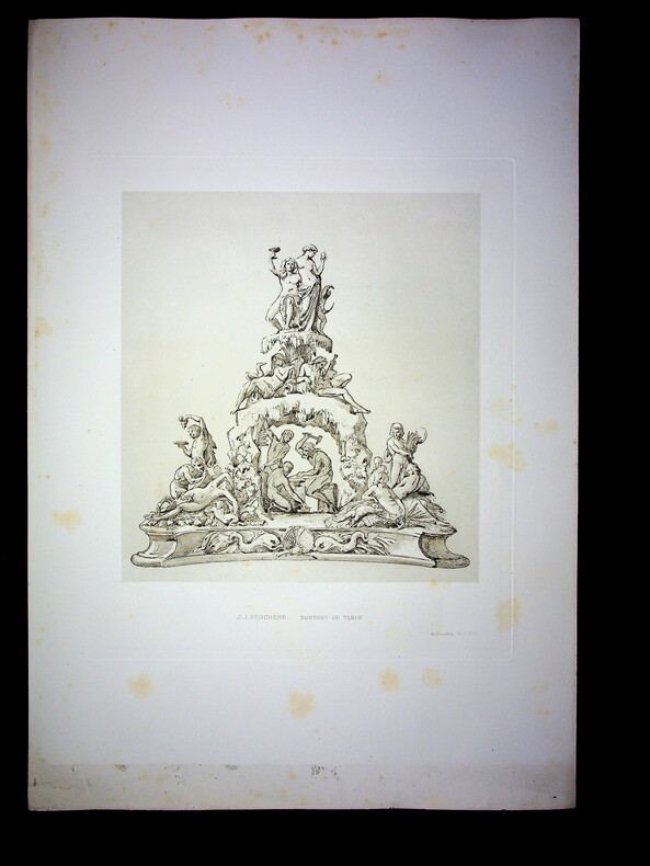 Gravure d'après un dessin original à la plume, avec lavis de sépia et rehauts de gouache en blanc d'un surtout de table XIXe siècle. Jean-Jacques ...