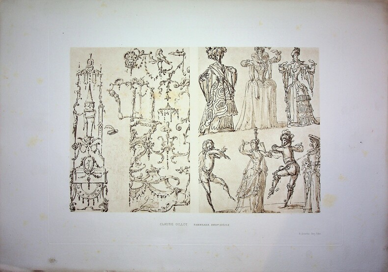 Gravure d'après les dessins originaux d'un panneau décoratif et costumes XVIIIe siècle. Claude Gillot