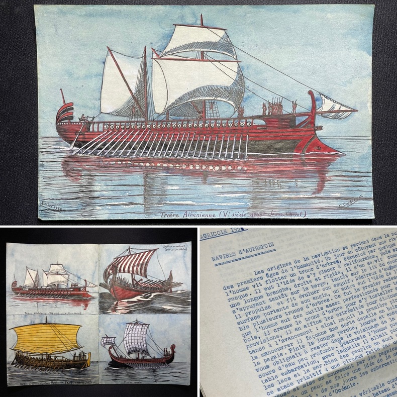 Tapuscrit anonyme sur les navires d'autrefois + 5 dessins originaux de Georges Cordreaux à l'encre représentant une trière athénienne, une galère de ...