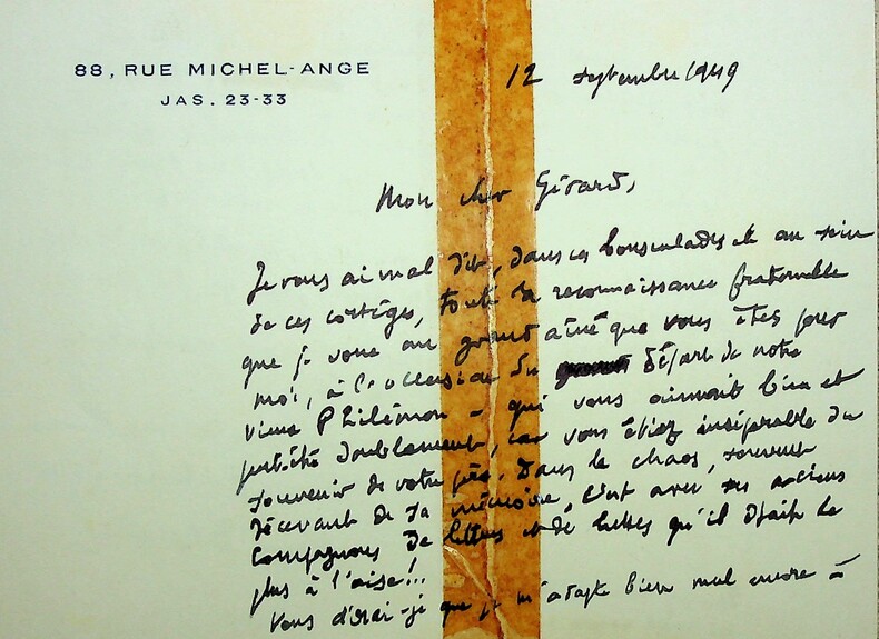 Émouvante carte autographe signée adressée à Gérard Bauër au sujet de la mort de son père Lucien Descaves. Pierre Descaves