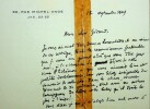 Émouvante carte autographe signée adressée à Gérard Bauër au sujet de la mort de son père Lucien Descaves. Pierre Descaves