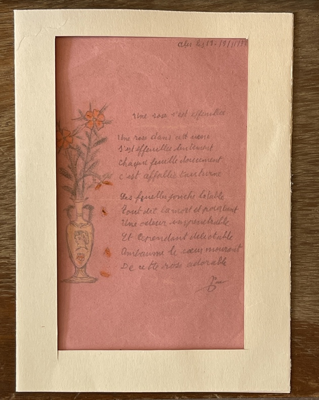 Une rose s’est effeuillée.
Poème inédit autographe manuscrit au crayon + dessin original rehaussé de couleurs. Pierre-André Benoit (PAB)