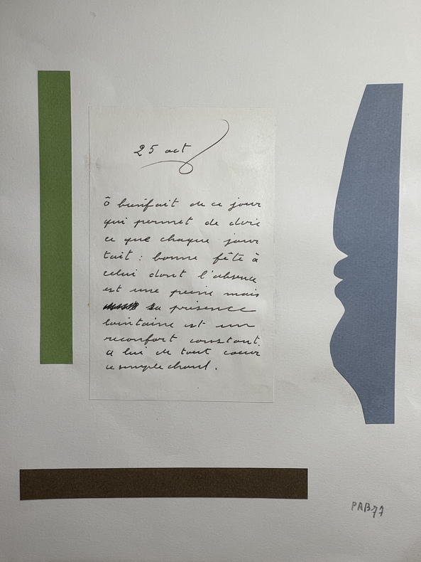 Grand poème-collage en vert, bleu et marron, inédit, autographe manuscrit, avec rature. Pierre-André Benoit (PAB)