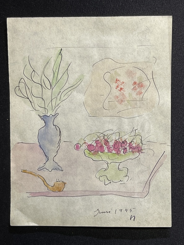 rarissime dessin de jeunesse à l’encre de chine rehaussée à l’aquarelle
nature morte à la pipe, vase, fleurs, compotier. Pierre-André Benoit (PAB)