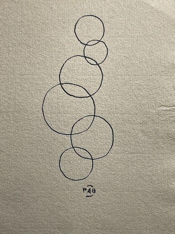 dessin au trait à l’encre de chine sur papier fort bistre
cercles . Pierre-André Benoit (PAB)