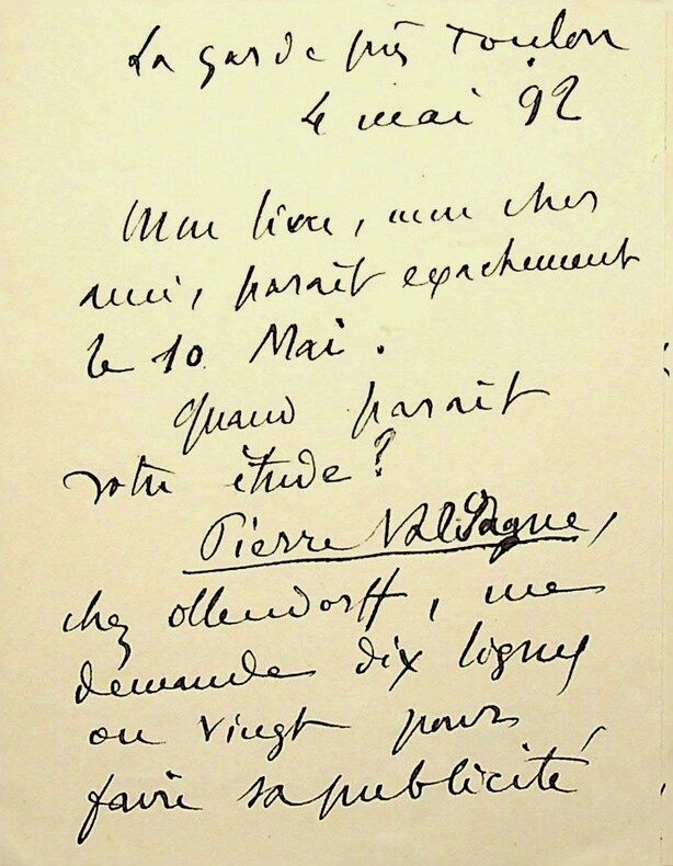 Lettre autographe signée au secrétaire de la Nouvelle Revue Claudius Jacquet à propos de son roman Le Pavé d'Amour. . Jean Aicard