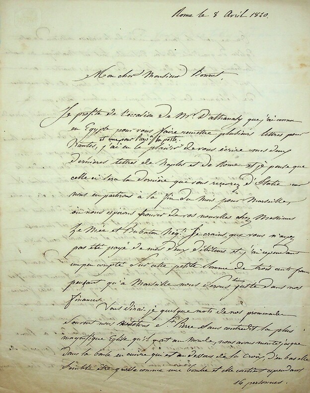 Rare lettre autographe signée du grand explorateur datée de 1840 sur Saint-Pierre de Rome et le Colisée . Frédéric Cailliaud (1787-1889)