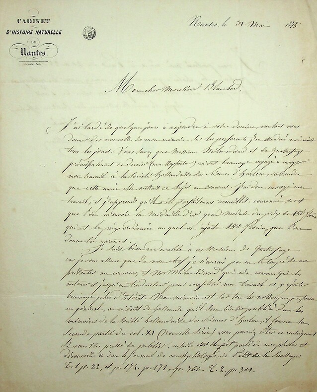 Lettre autographe signée à Monsieur [Émile] Blanchard, entomologiste, au Muséum de Paris, au jardin des Plantes, sur les mollusques perforants. . ...