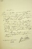 Lettre autographe signée à l'homme de lettres Louis Paris + minute de lettre à propos du tableau de Paul Delaroche "Le Supplice de Jane Grey". ...