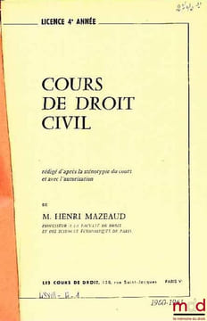 COURS DE DROIT CIVIL, Licence 4ème année, 1960-1961. MAZEAUD (Henri)